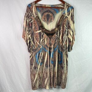 One World Womens Beaded Boho Tunic Top Blouse Size 1X Brown Short Sleeve Beachy